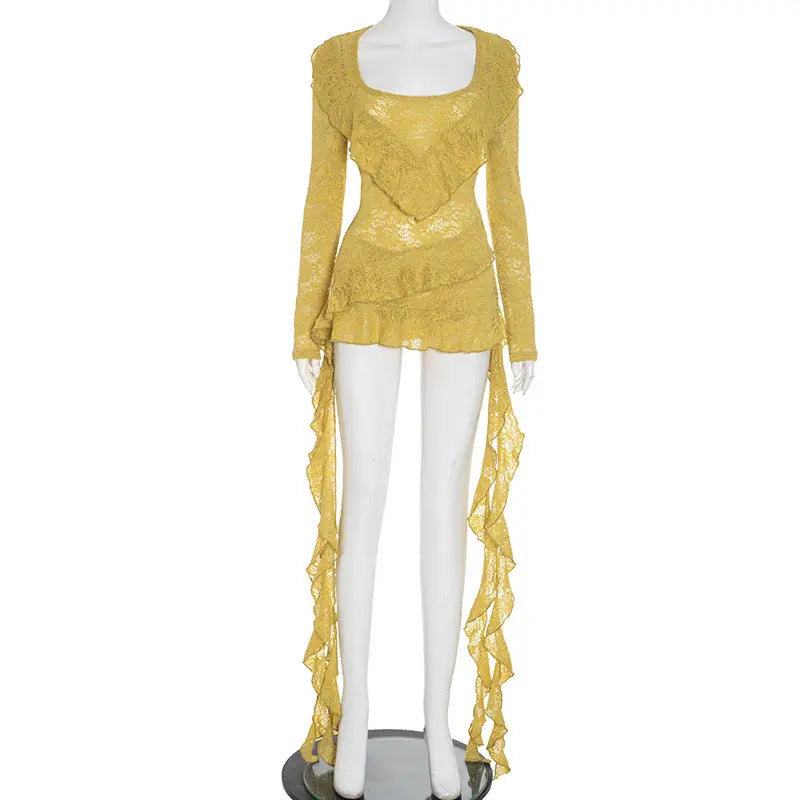 Women Clothing Autumn Solid Color Sexy Ribbon Lace Long Sleeve Short Dress Underwear Bella Mia