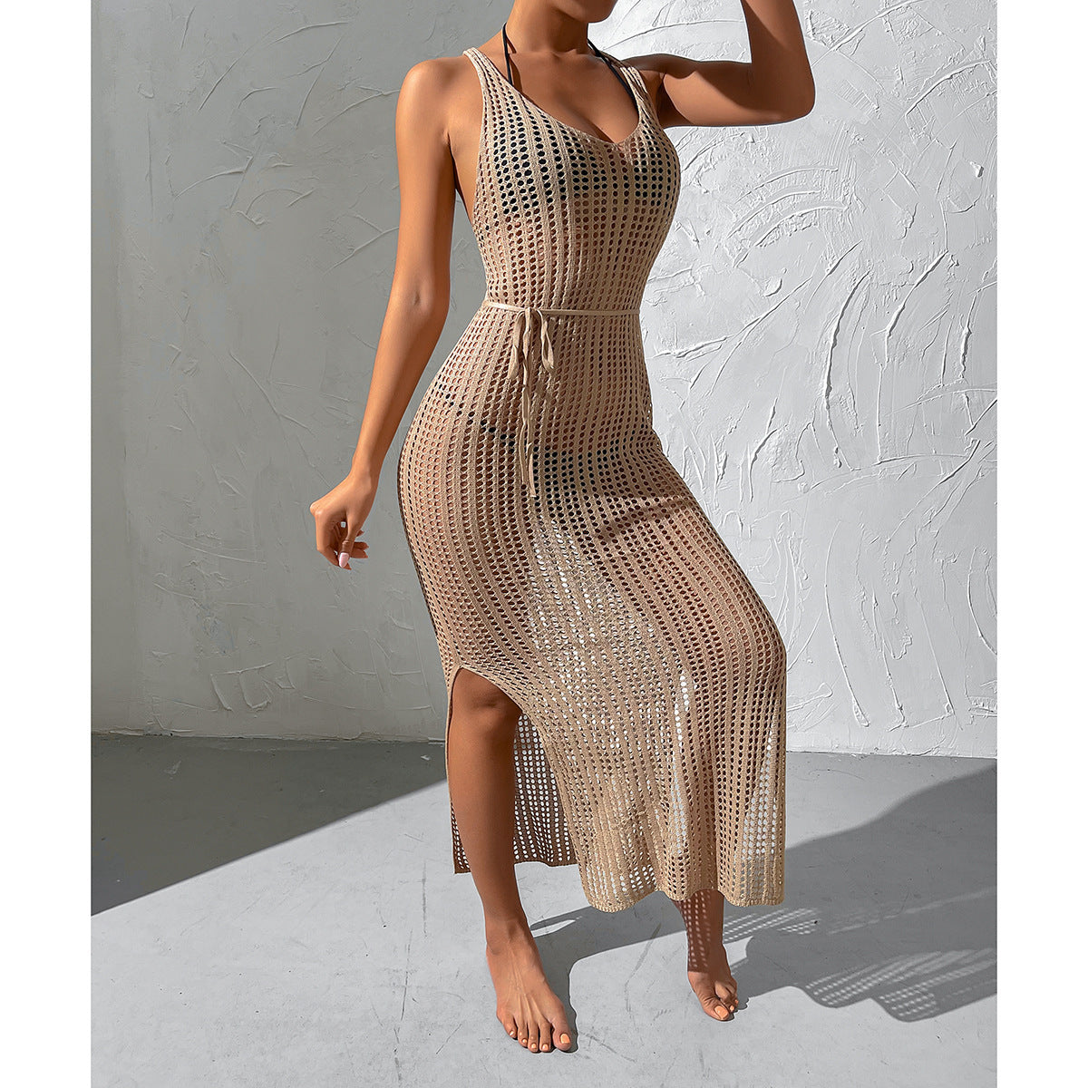 Vacation Beach Sexy Smock Dress Hollow Out Cutout Out See Through Backless Knitted Dress Women Bella Mia