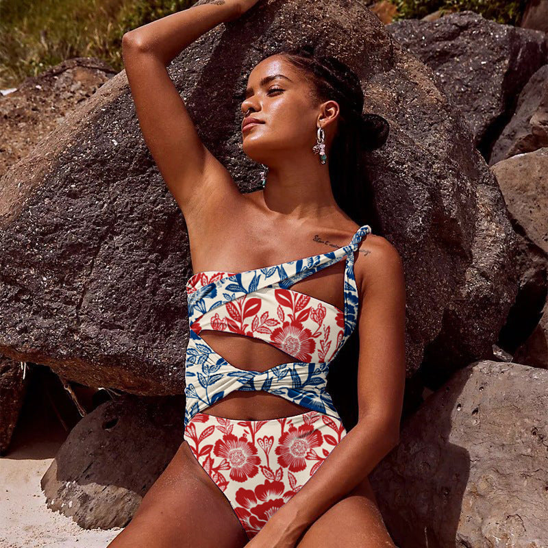 Swimsuit Women Printed Hollow Out Cutout Contrast Color Swimsuit Stitching Bella Mia