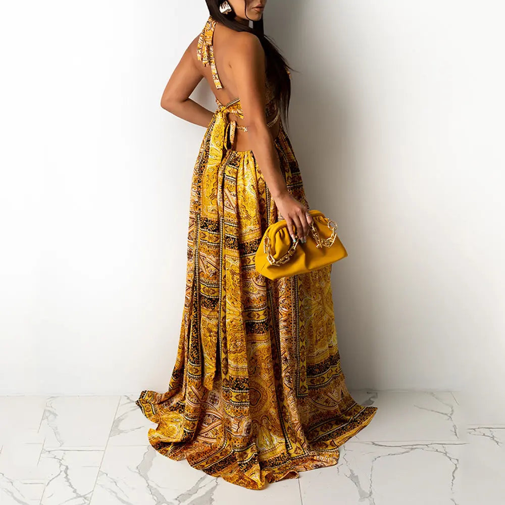 Women Sleeveless Halter Maxi Dress With Printed Split Front Tie Ring Backless Bella Mia