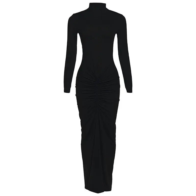 Women Clothing Autumn Solid Color Elegant Slim Slimming Pleated Turtleneck Long Sleeve Dress Bella Mia