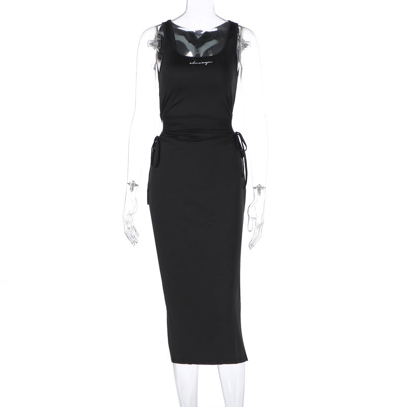 Women Clothing Summer Solid Color U Collar Lace up Cutout Sexy Slit Tight Dress Bella Mia