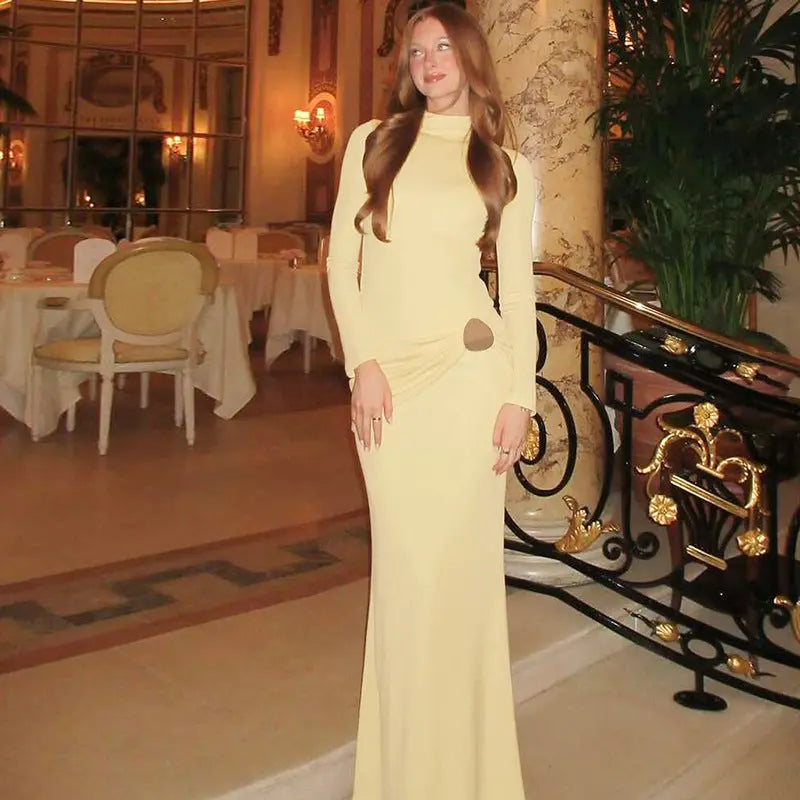 Women Clothing Autumn Suede Solid Color Long Sleeve Pleated Fishtail Dress Slim Dress Bella Mia