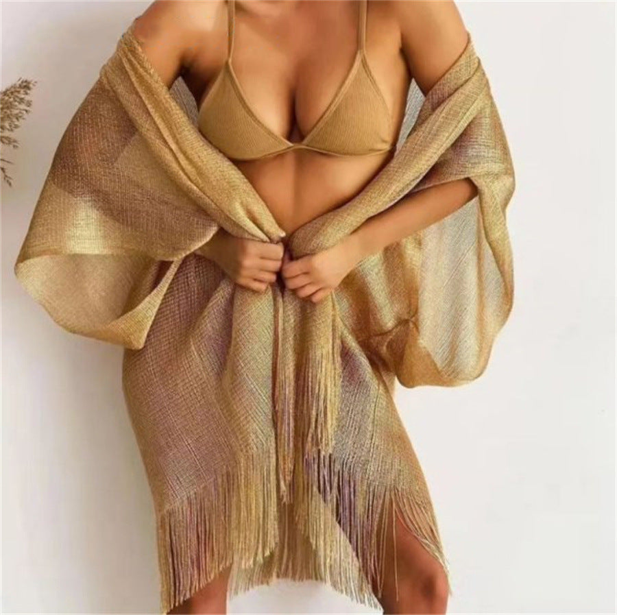 Beach Solid Color Sun Proof Tassel Knitting Beach Cover Up Sweater Shawl Cardigan Bella Mia