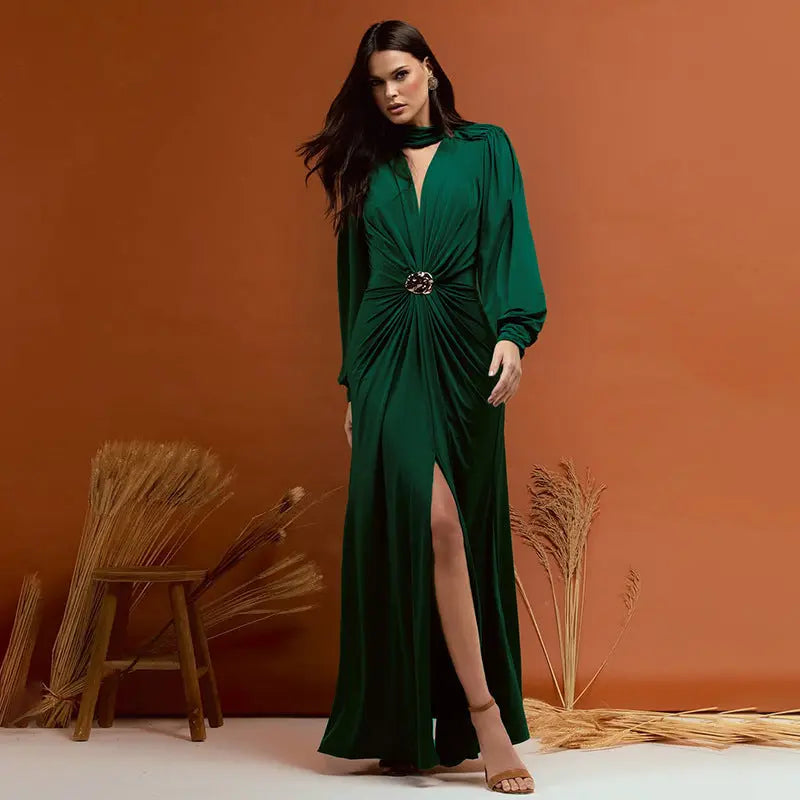 Fall Women Clothing Elegant Sexy Deep V Plunge neck Slim Fit Slit Long Sleeve Dress Women Bella Mia