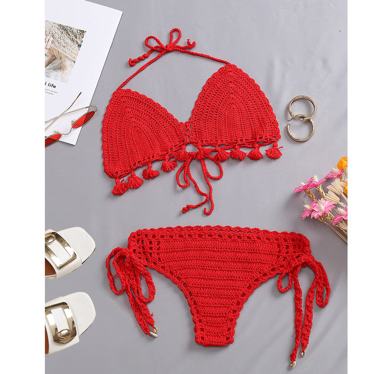 Beach Vacation Knitted Hand Crocheting Sexy Bikini Tassel Shell Strap Split Suit Multi-Color Optional Crochet hook Bella Mia