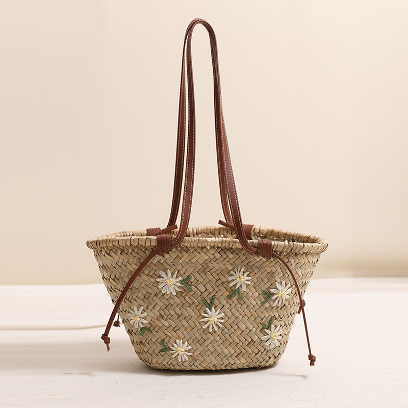 Fresh Floral Embroidery Shoulder Straw Bag Large Capacity Mitsubishi Straw Woven Bag Seaside Vacation Beach Bag Bella Mia