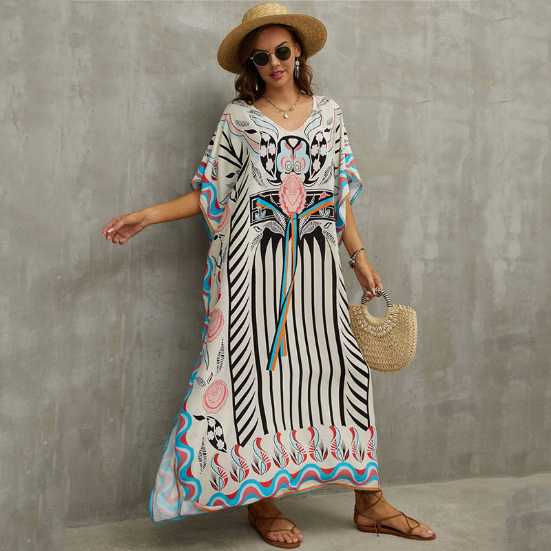 Rayon Positioning Printing Beach Cover Up V Neck Robe Vacation Skirt Bikini Cover Bella Mia