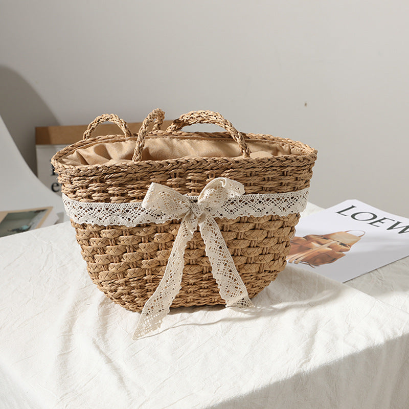 Straw Bag Lace Bow Woven Bag Fairy Seaside Vacation Beach Bag Women Bag