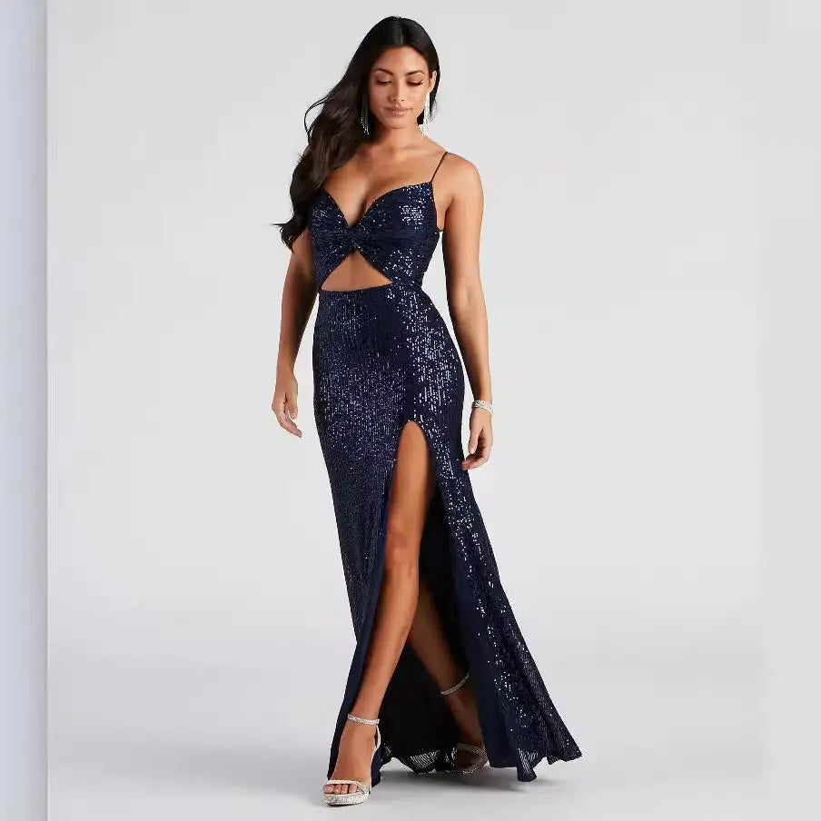 Women Beaded Sequin Maxi Dress With V Neck Cutouts For Cocktail Nightclub Bella Mia