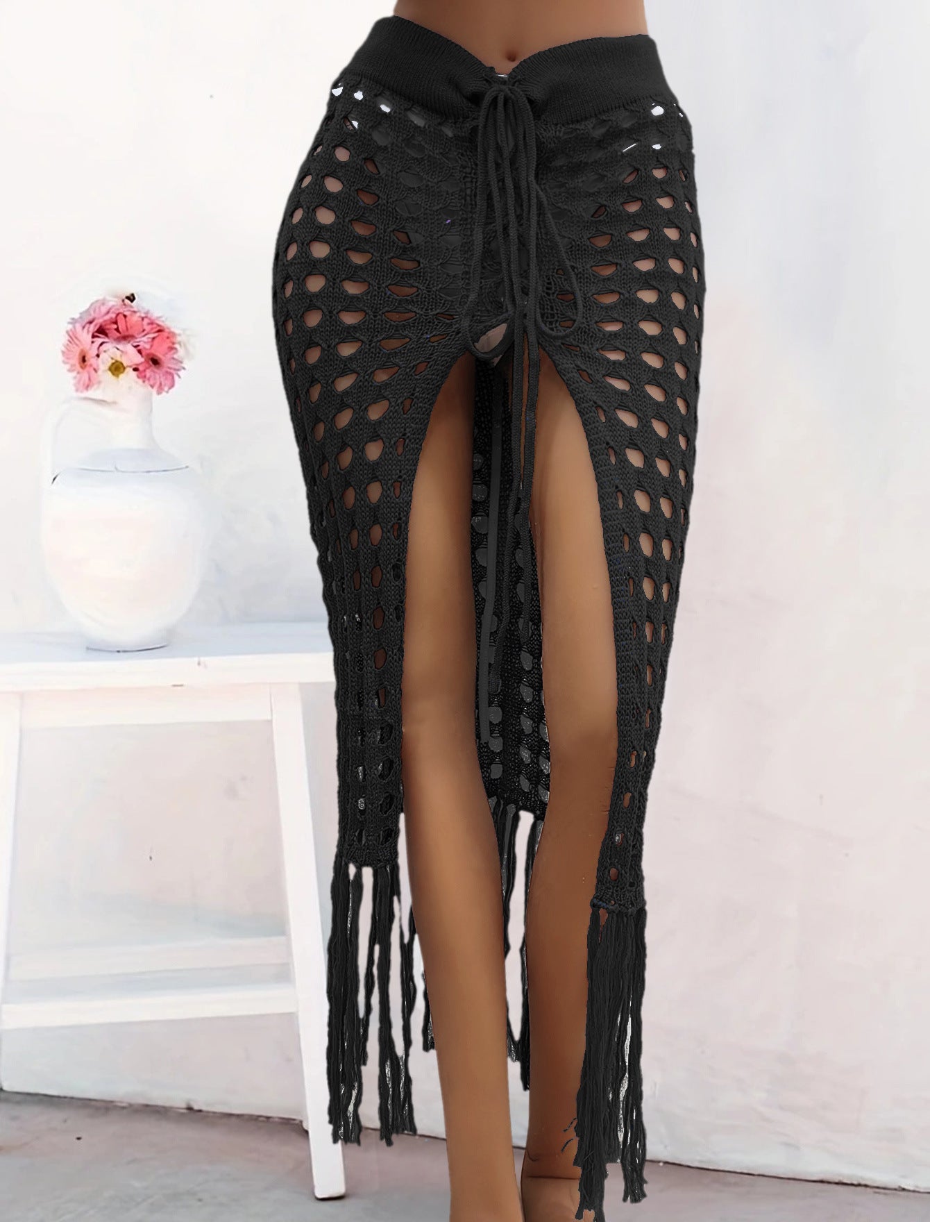 Women Clothing Sexy Cutout Woven Lace up Tassel Dress Split Beach Skirt Bella Mia