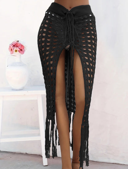 Women Clothing Sexy Cutout Woven Lace up Tassel Dress Split Beach Skirt