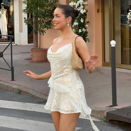 Elegant Party Sexy Special Sequ Swing Collar Irregular Asymmetric Hem Pleated Dress Short for Women Bella Mia