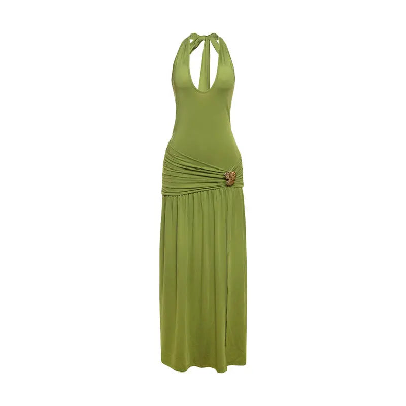 Sexy Halter Strap Backless Slim Fit Bodycon Maxi Dress Ruched Split Bella Mia