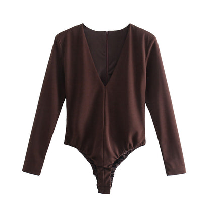 Women Clothing Sexy Four Color Deep V Plunge neck Padded Shoulder Close Fitting Inner Bodysuit