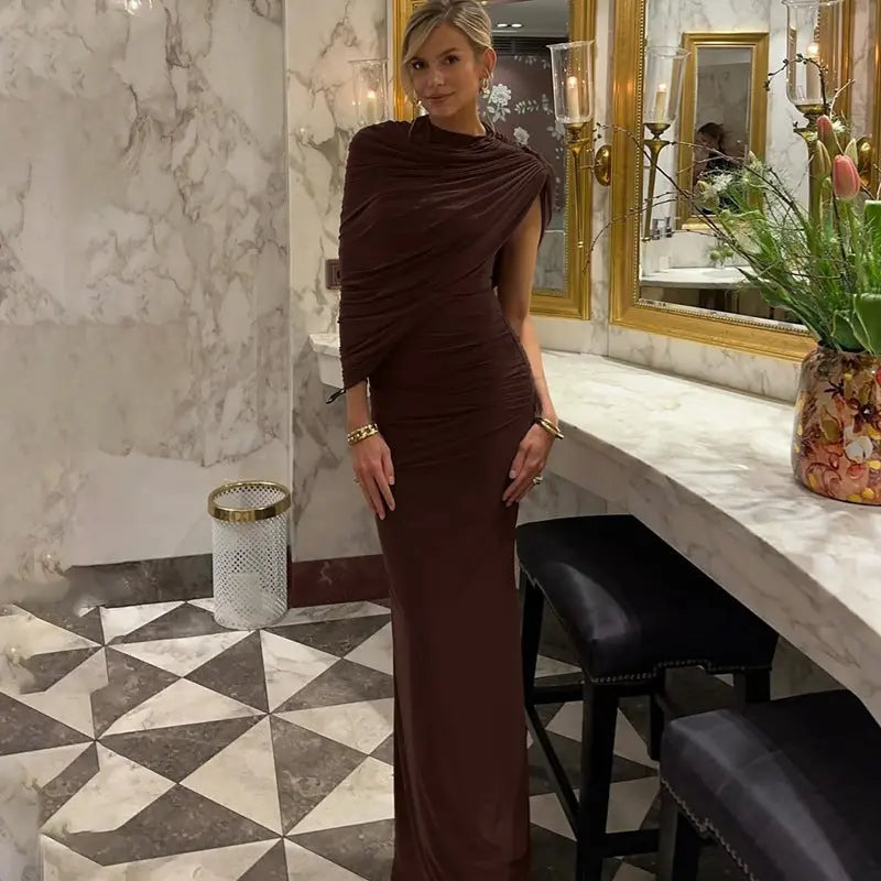 Womens Summer Mock Neck Maxi Dress Oblique Shoulder Ruched Asymmetric Bodycon Bella Mia