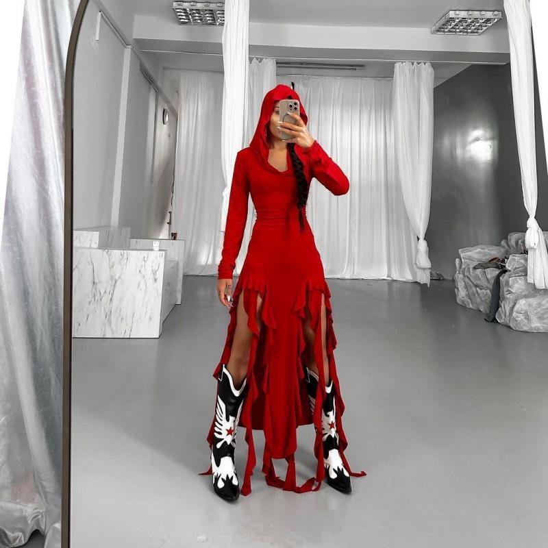 Summer Popular Trend Ruffled Stitching Long Sleeve Hooded Irregular Asymmetric Dress Bella Mia