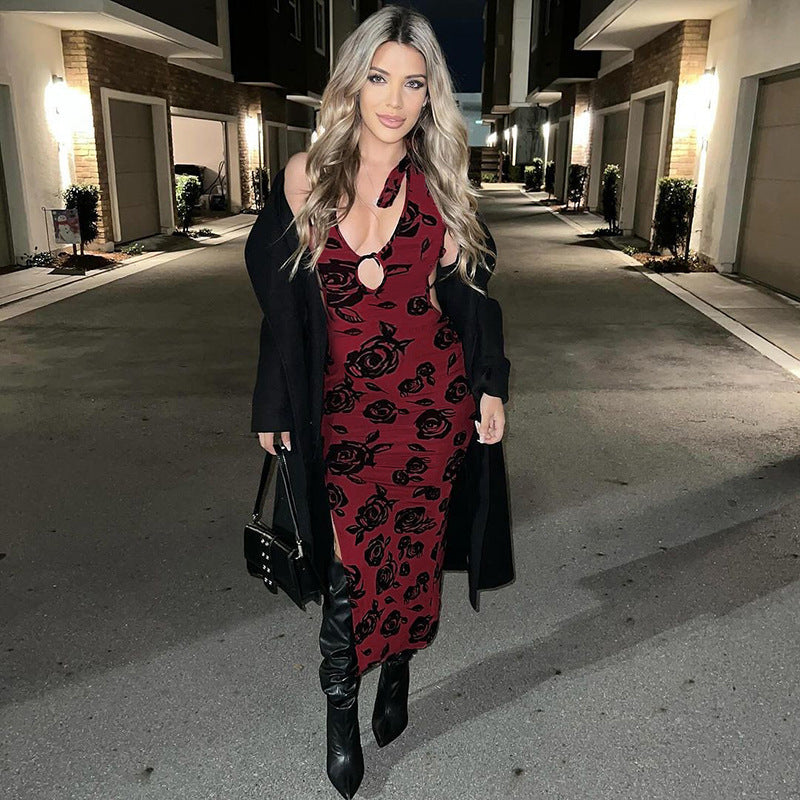 Summer Elegant Slim Floral Flocking Sexy Halter Dress Women Bella Mia