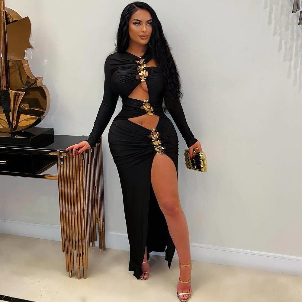 Black Tight Dress Sexy Hollow Out Cutout Split Dress Long Bella Mia