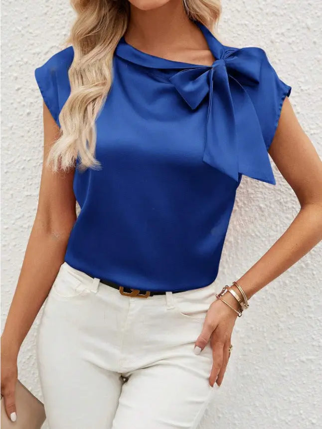 Half Open Collar Bow Satin Top Special Interest Design Satin Women Clothing T shirt Bella Mia
