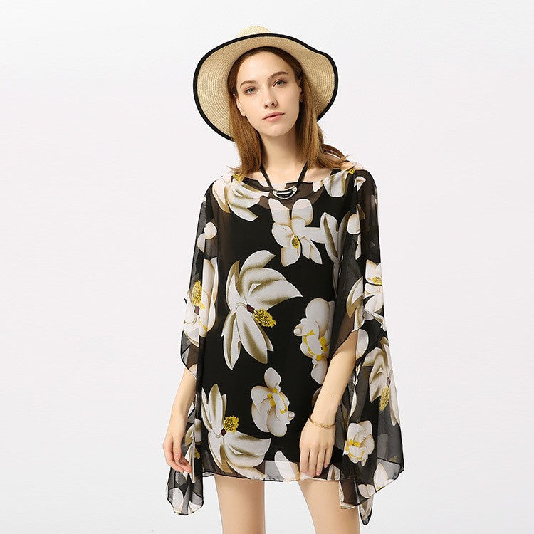 Chiffon Shirt Thin Type Sunscreen All Match Loose Printed Floral Tassel Beachwear Beach Cover Up Pullover Bella Mia