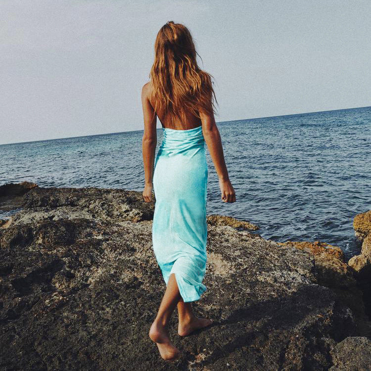 Women Clothing Summer Sexy Micro Elastic Tie Dye Printing Halter Slim Fit Dress Bella Mia