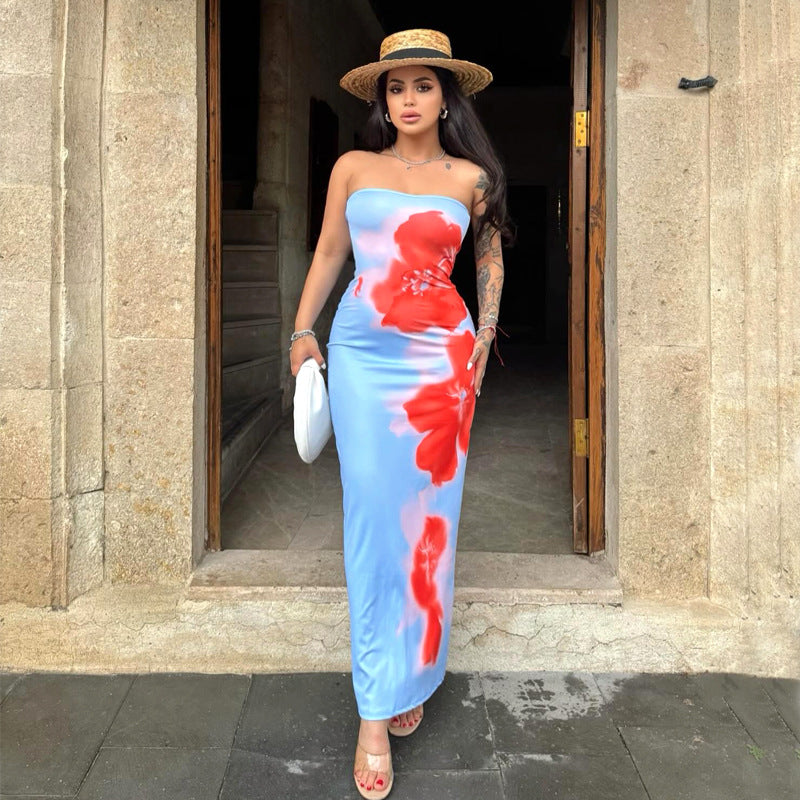 Women Clothing Summer Tube Top Floral Print Slim Fit High Waist Slit Maxi Dress Bella Mia