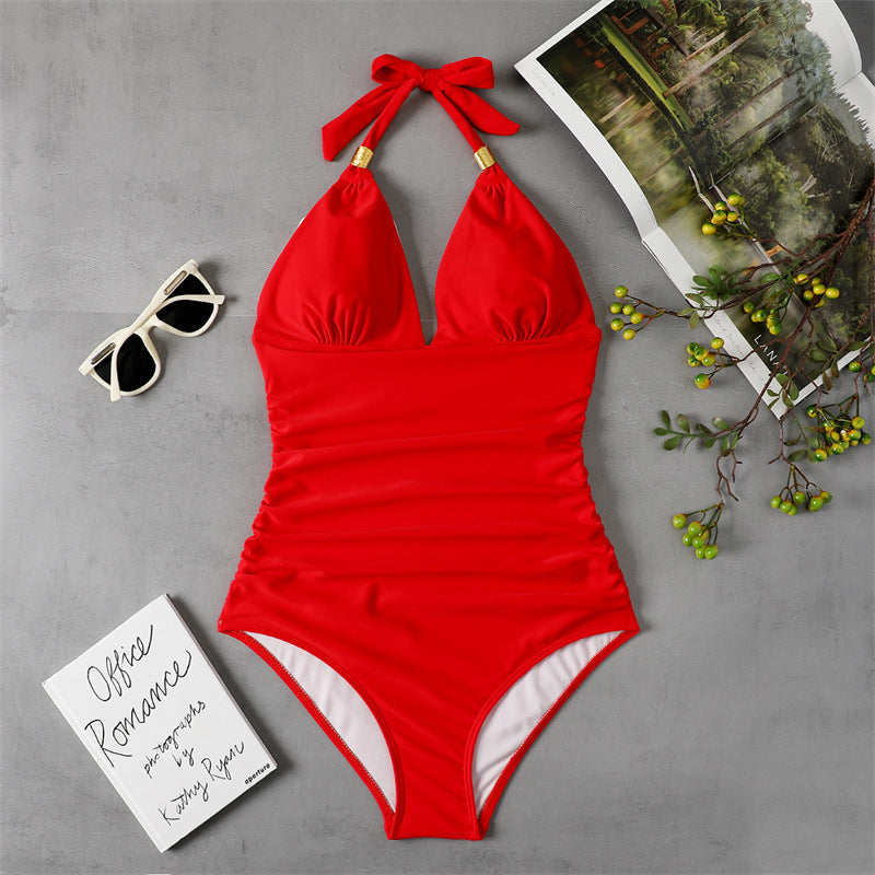 One Piece Swimsuit Conservative Print Halter Red Backless Swimsuit Bella Mia