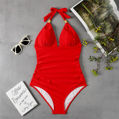One Piece Swimsuit Conservative Print Halter Red Backless Swimsuit