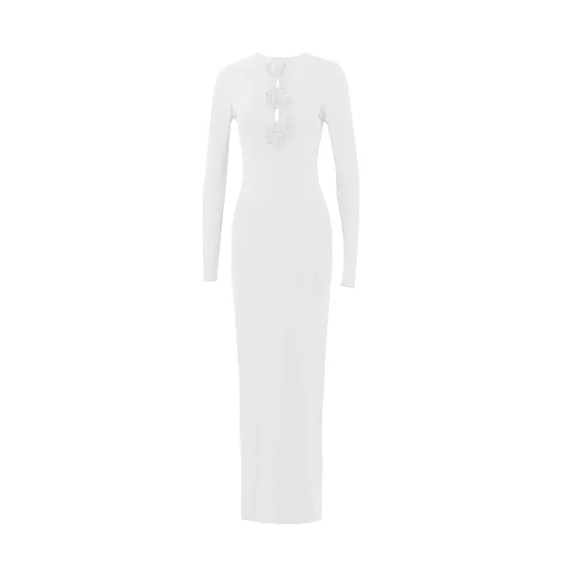 White Socialite Maxi Dress With Cutout Front Tie 3D Floral Long Sleeve Bella Mia