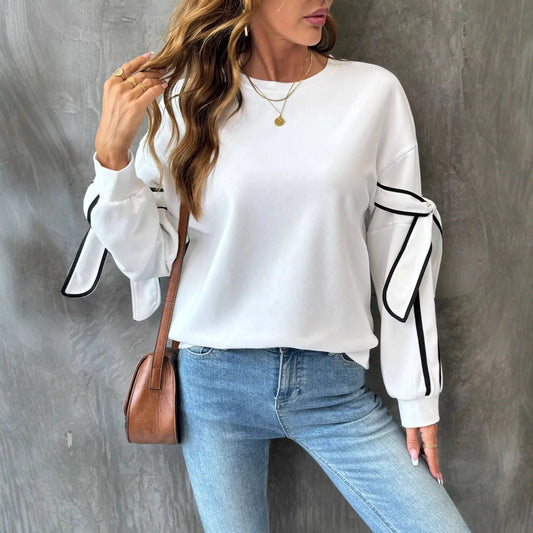 Autumn Contrast Color Three Dimensional Bow round Neck Long Sleeve Pullover Hoodie Women Bella Mia