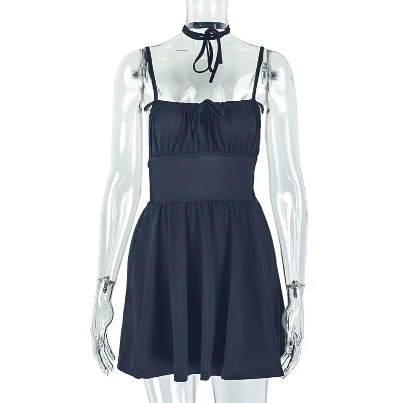 Simple Women Pleated Solid Color A line Dress Backless Lace up Boat Neck Short Dress Bella Mia