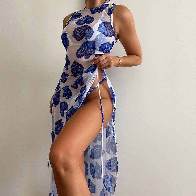 Mesh Maxi Dress Swimsuit Women Printed Three Piece Set Cardigan Bikini Swimsuit Bella Mia