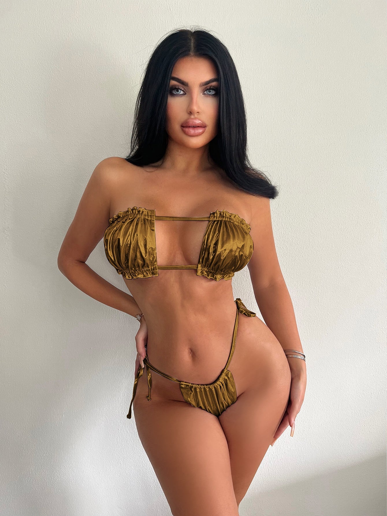 Bikini Bronzing Lace Pleated Tube Top Split Swimsuit Women Backless Lace up Bikini Bella Mia