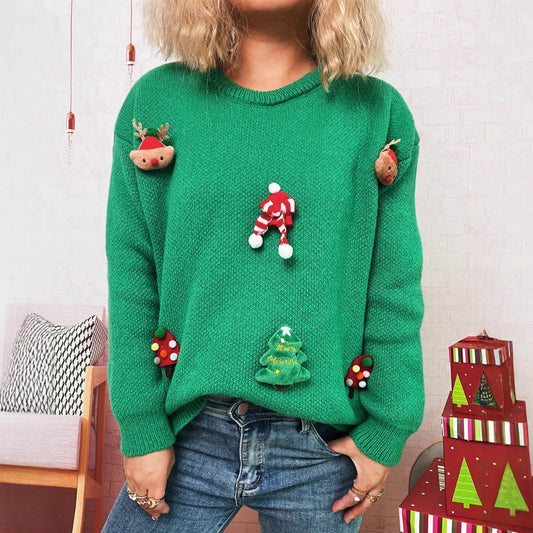 Autumn Winter Christmas Patchwork Three Dimensional Pattern Knitted Top Crew Neck Casual Year Women Sweater Bella Mia