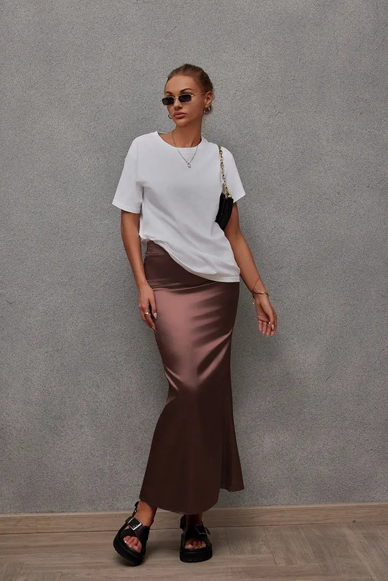 Spring Summer Artificial Silk Skirt Satin Skirt Women Casual Satin Hip Skirt Bella Mia