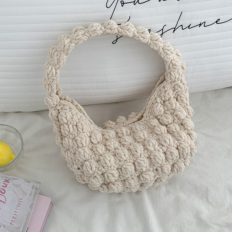 Cute Portable Beanie Straw Bag Handmade Crocheted Solid Color Hand Carrying Woven Bag Women Seaside Vacation Beach Bag Bella Mia