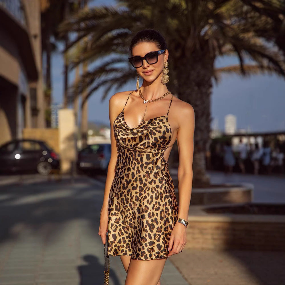 Sexy Women Clothing Leopard Print Swing Collar Backless Slim Fit Vacation Sling Dress Bella Mia