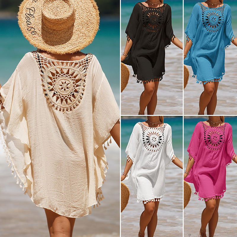 Vacation Hand Crocheting Solid Color Stitching Beach Dress Fimbrilla Sun Protection Short Sexy Beach Blouse Bella Mia