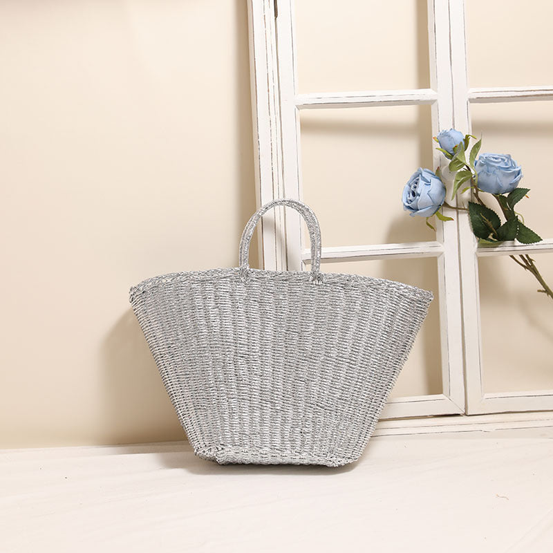 Silver Portable Straw Weaved Bag Metal Sense Large Capacity Hand Carrying Woven Bag Women Seaside Vacation Beach Bag Bella Mia