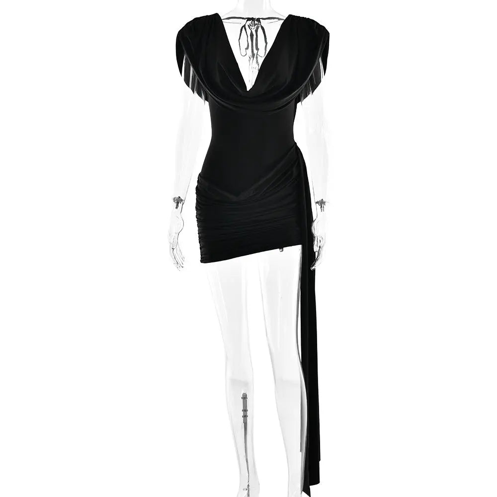 Women Clothing Summer Sexy Swing Collar Backless Sleeveless Ribbon Hip Bag Dress Bella Mia