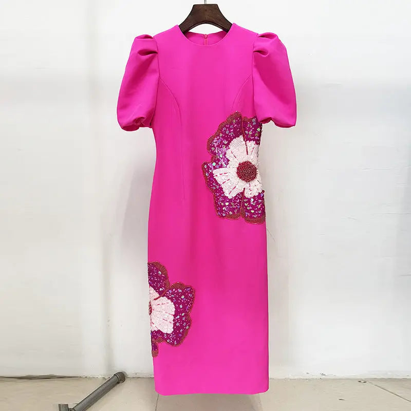 Heavy Industry Beads Sequined Three Dimensional Floral Short Sleeve Dress Small Dress Bella Mia