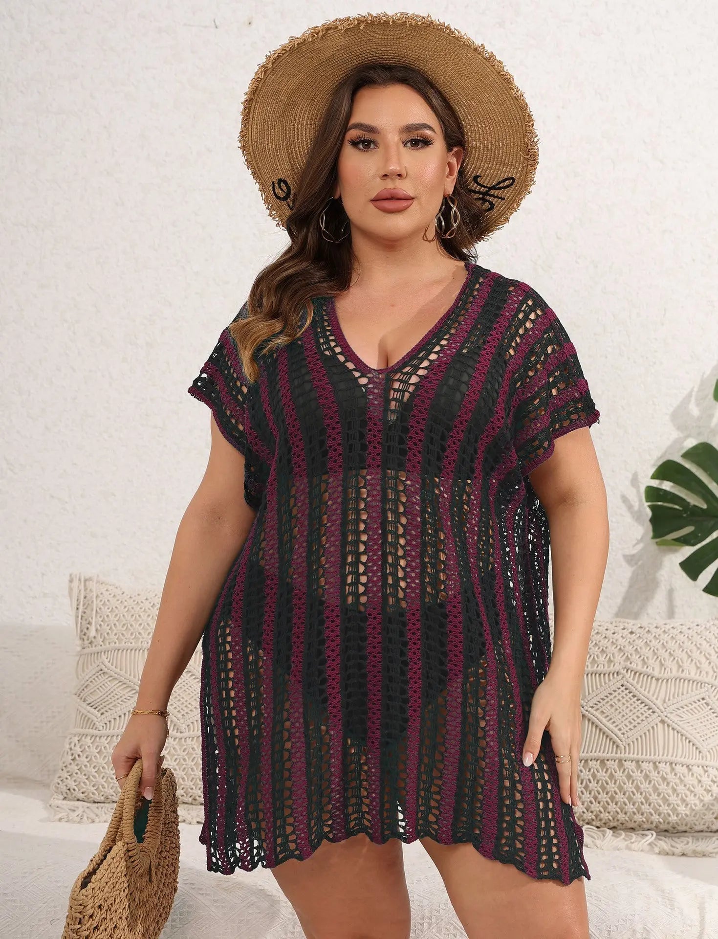 plus Size Women Dress Color Contrast Patchwork Hollow Out Cutout Woven Blouse Beach Bikini Cover up Bella Mia