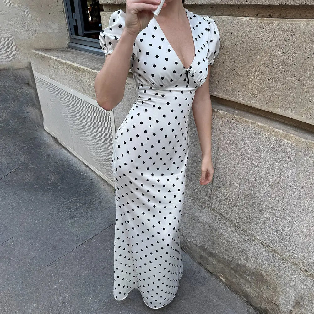 V Neck Waist Controlled Lace Up Puff Sleeve Polka Dot Maxi Dress Bella Mia