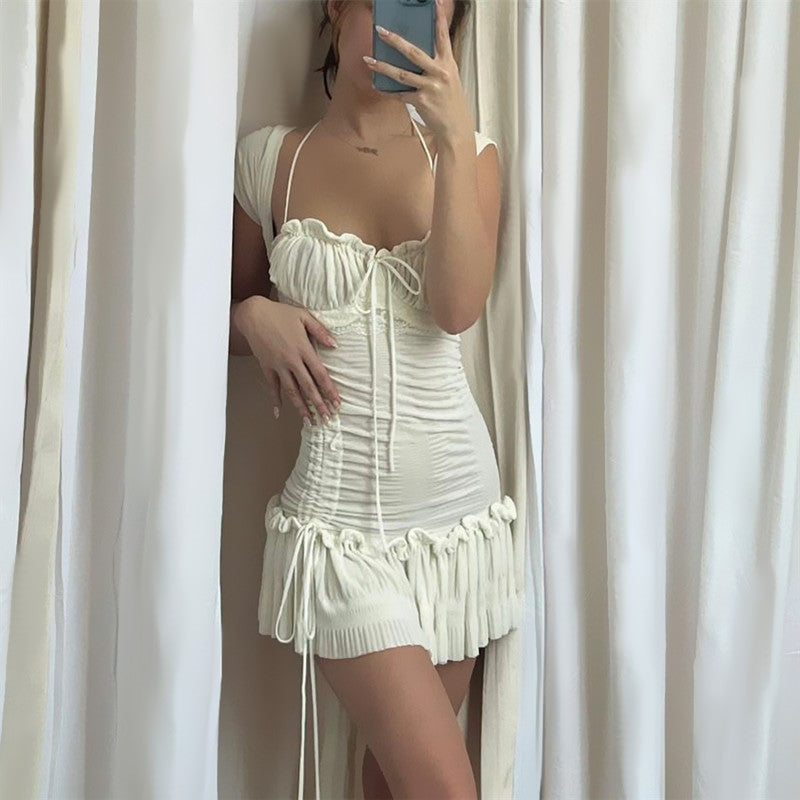 Summer Sexy French Low Cut Square Collar Halter Lace Up Design Short Sleeve Pleated Dress Women Bella Mia