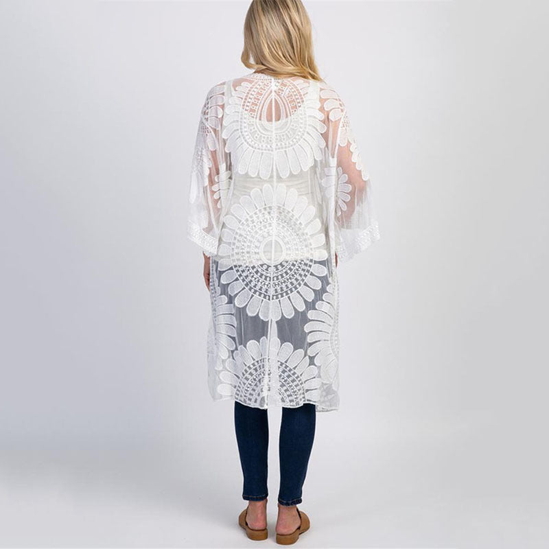 Lace Sunfower Embroidered Beach Cover-up Sexy Cardigan Outer Sunscreen Beach Cover Up Bella Mia