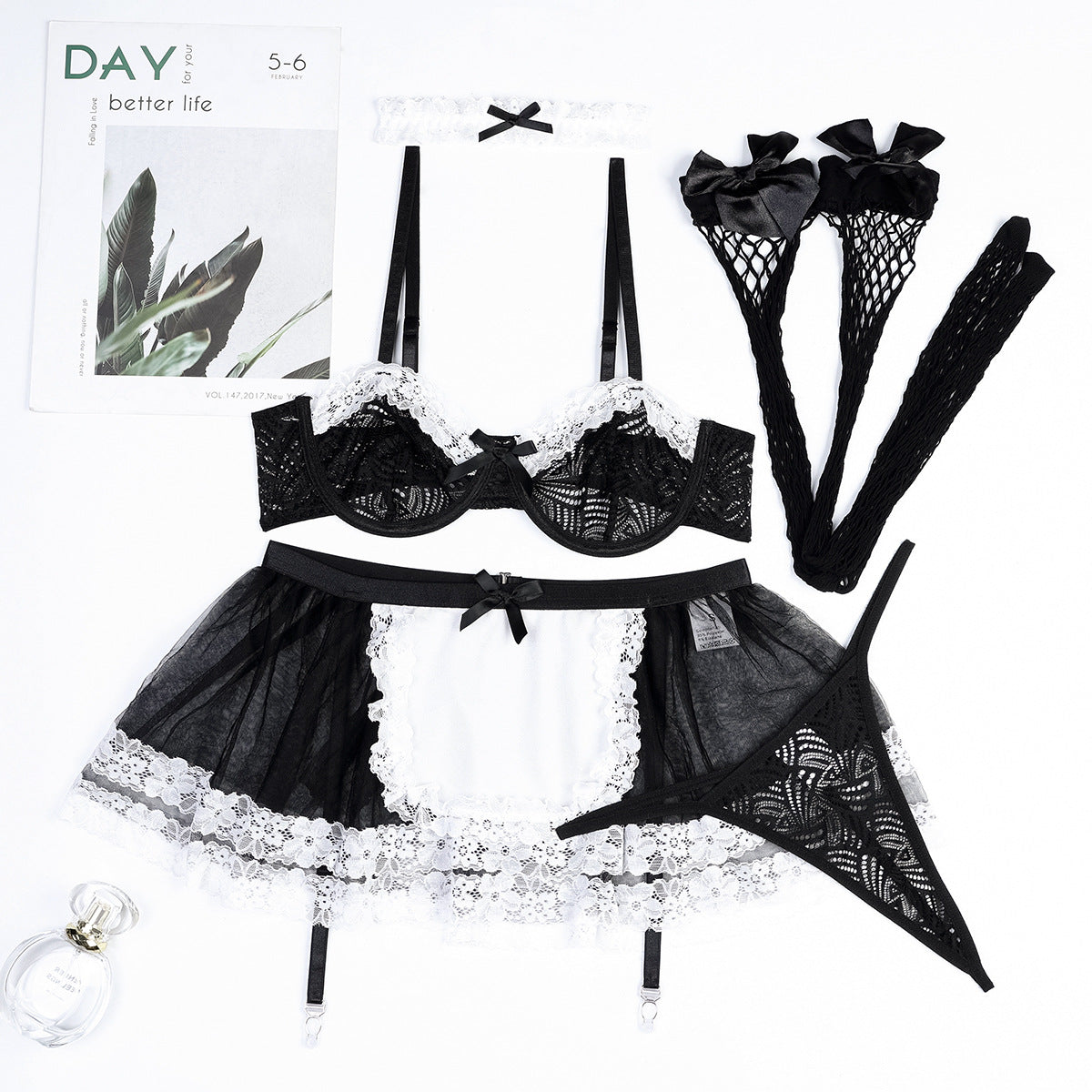 Black White Lace Contrast Color Multi Layer Lace Sexy Uniform Maid Mesh Stockings 5 Piece Set Bella Mia