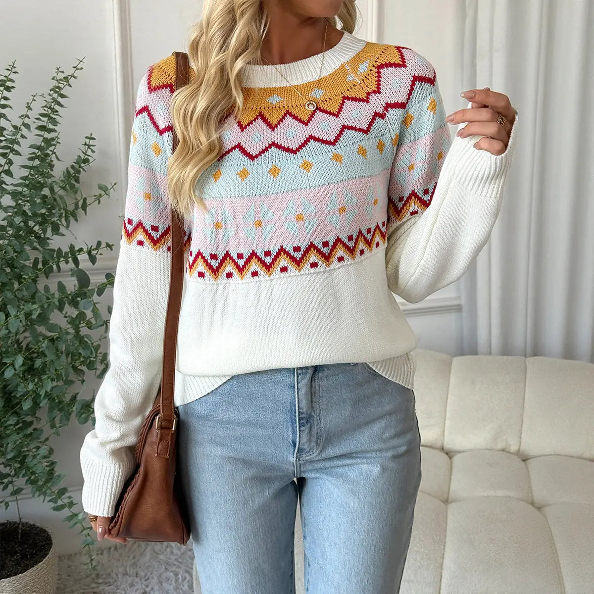 Autumn Winter Bottoming Shirt Casual Loose Contrast Color Jacquard Long Sleeve round Neck Sweaters Women Clothing Bella Mia