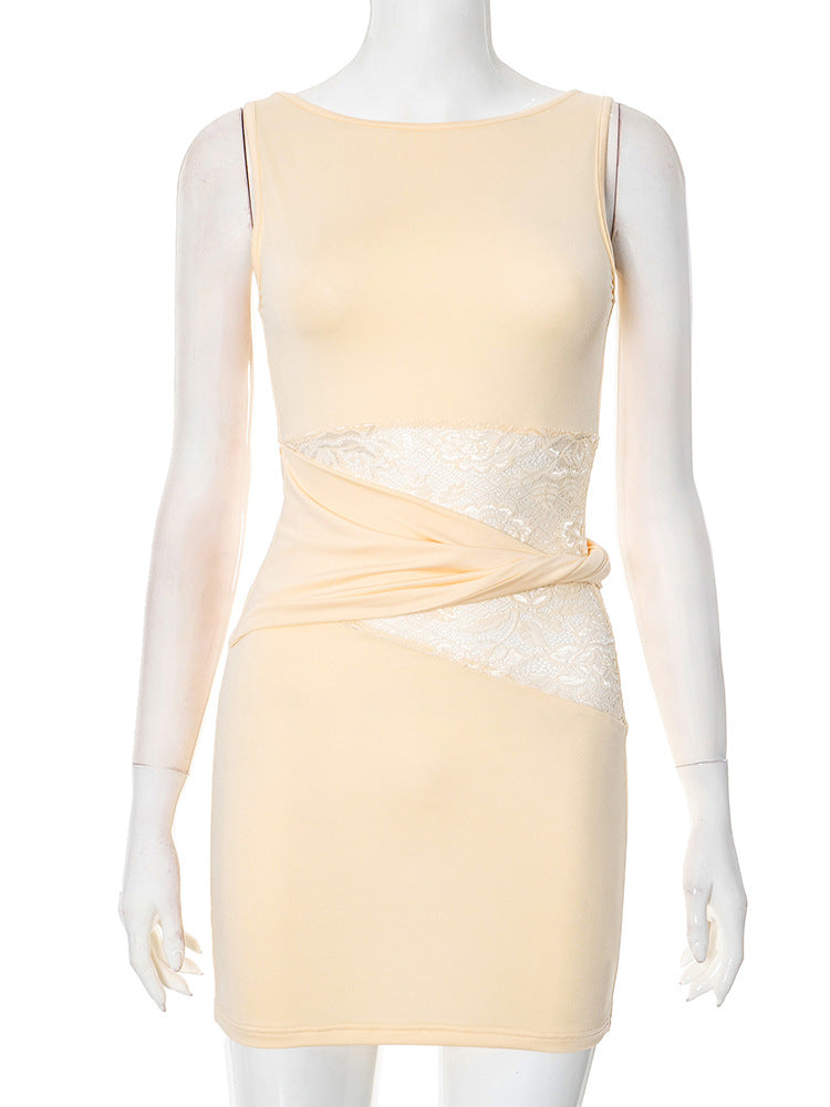 Women Clothing Slim Fit Sheath Sleeveless Turtleneck Lace Hollow Out Cutout Twist Ring Dress Bella Mia