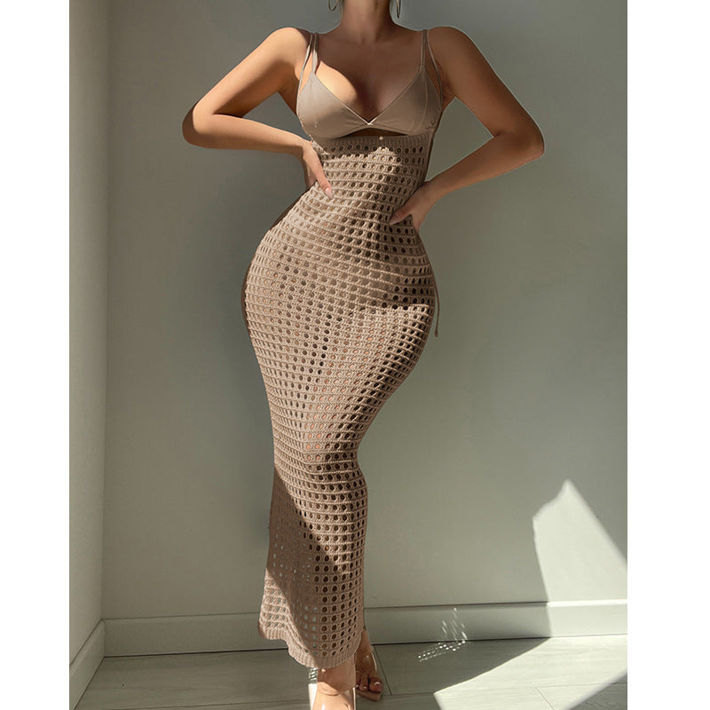 Women Knitted Camisole Hollow Out Cutout Texture Sexy Slim High Waist Maxi Dress Beach Cover up Dress Crochet hook Bella Mia